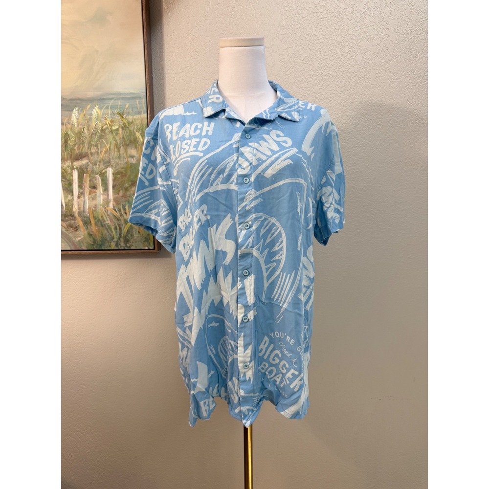JAWS Blue Shark Hawaiian Button Up Shirt XL Universal Movie